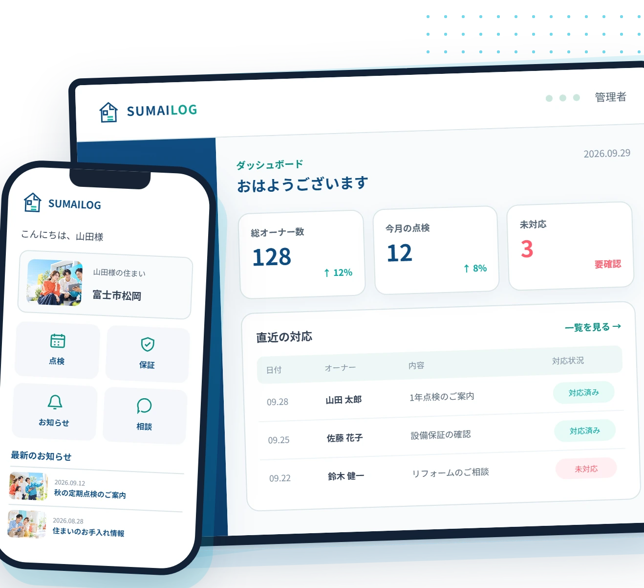SUMAILOGの管理画面とお施主様向けサイトの画面イメージ