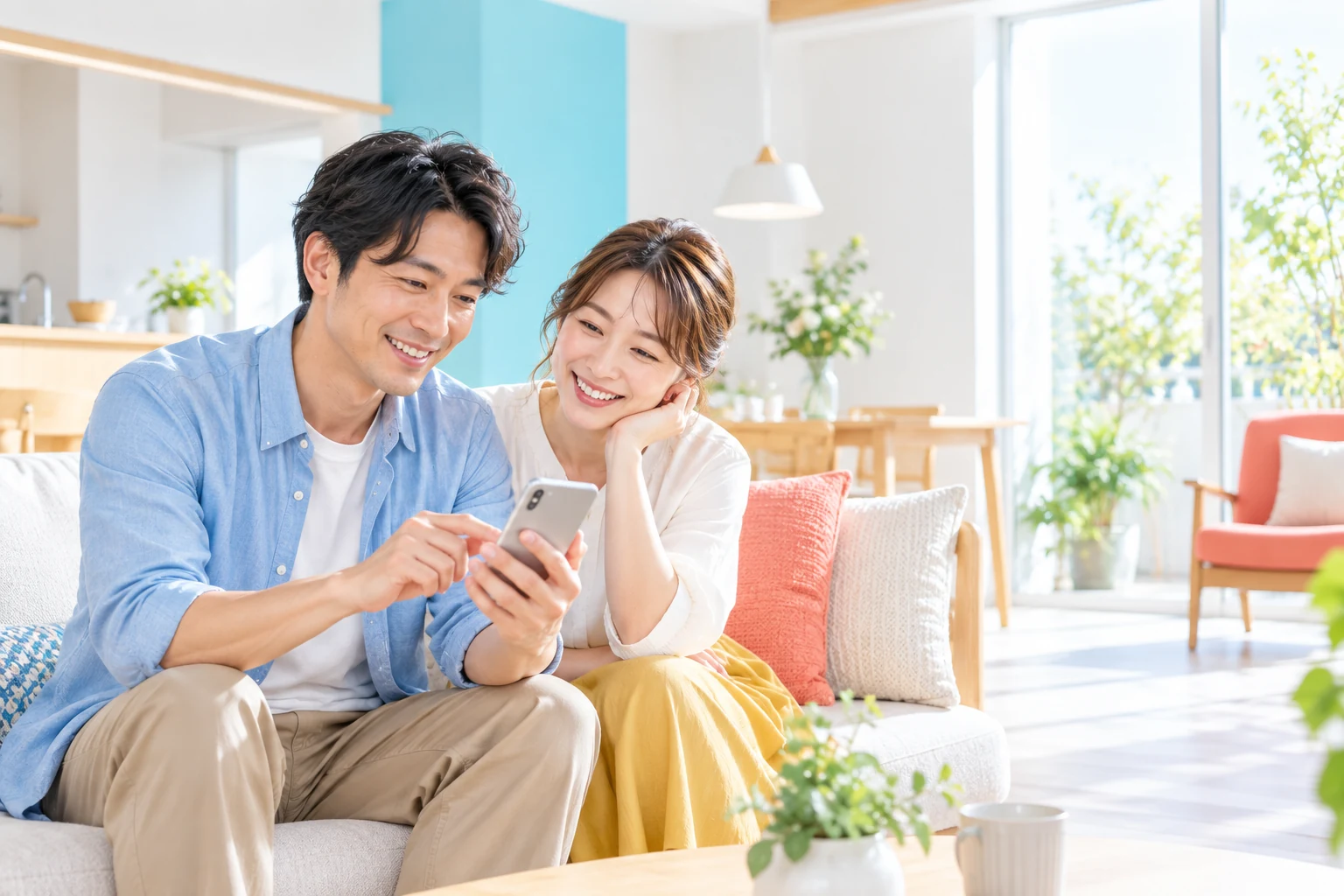 お施主様がスマートフォンで住まいの情報を確認する様子