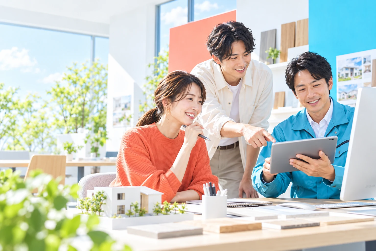 住宅会社の担当者がタブレットで情報を確認する様子